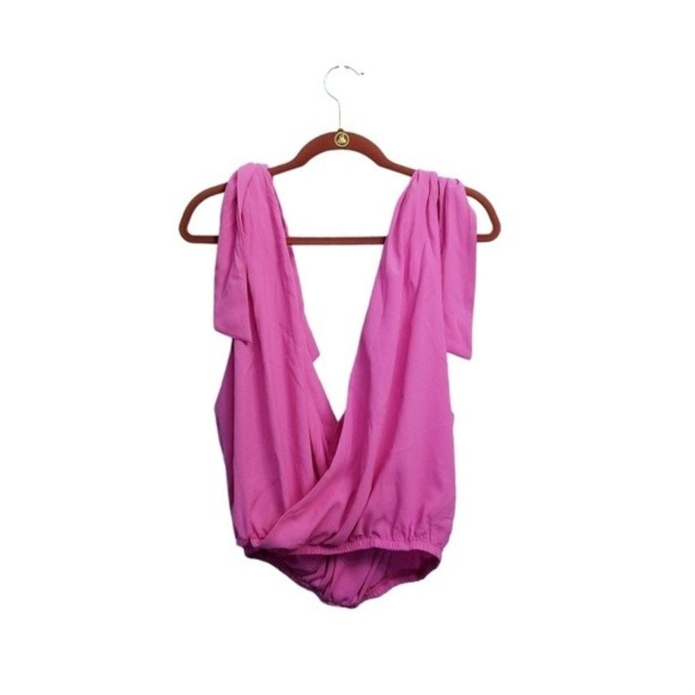 Shein Curve Pink Deep V Shoulder Tie Elastic Waist Top 0XL 1 0191 - Picture 6 of 6